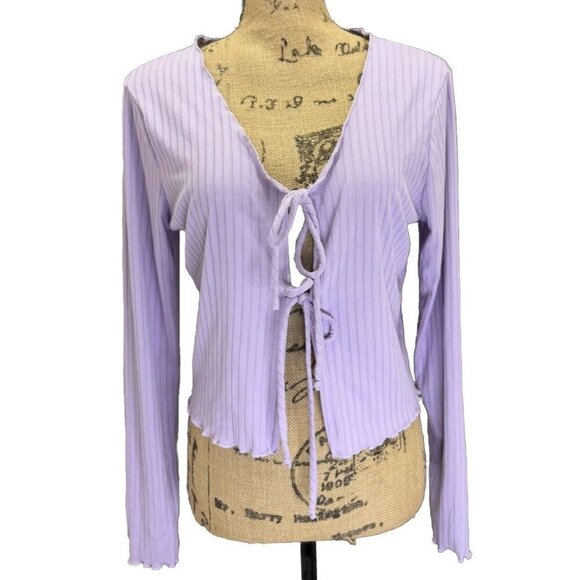 MOA MOA Lilac Tie Front Cropped Sweater Top Ribbed Y2K 90s MEDIUM Coquette Swift - Picture 1 of 8